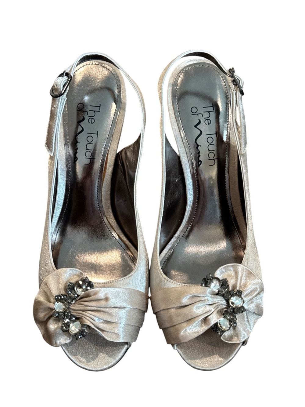 Nina Champagne Satin Peep-Toe Slingback Heel with Bow Accent